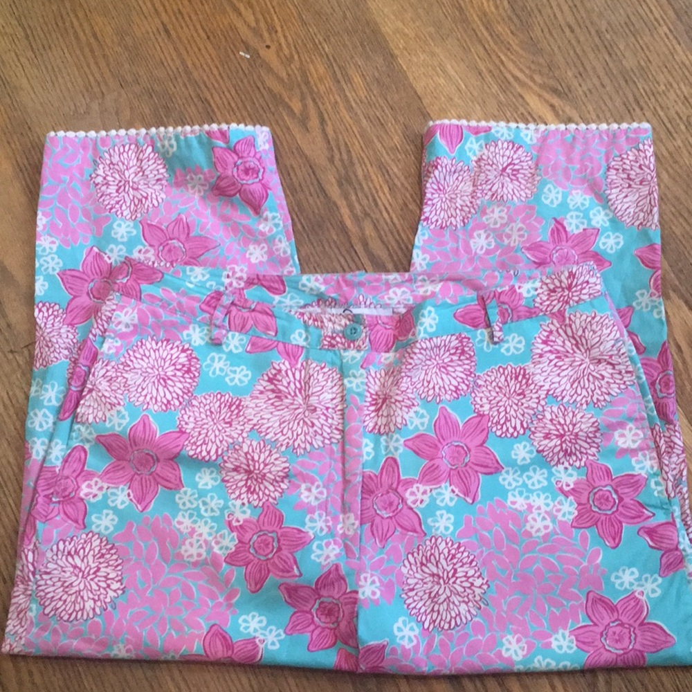 Lilly Pulitzer Pink Turquoise Floral Crop Pants 10
